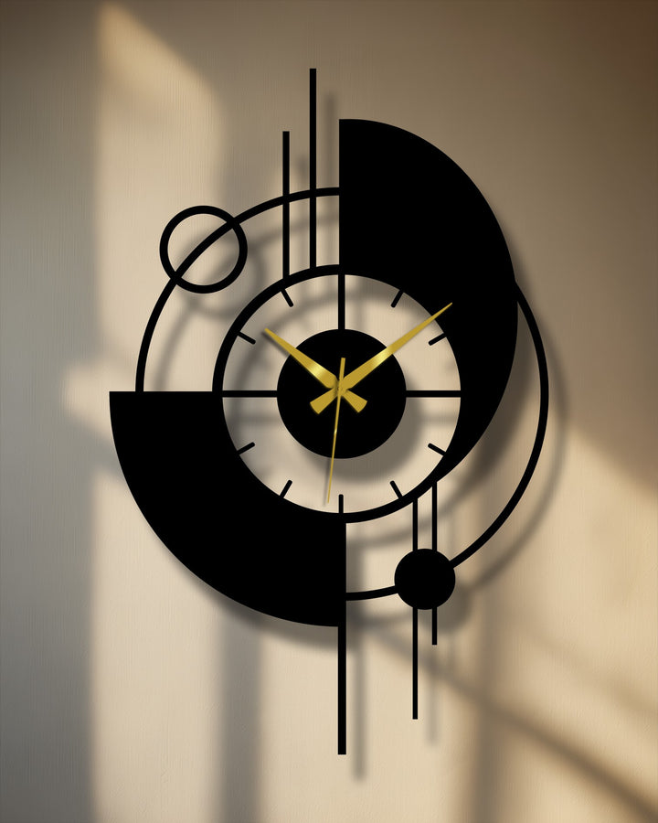 The stillness of the modern orbit abstract metal wall clock captures the essence of unique metal wall art, where geometric forms and golden hands are frozen in time.