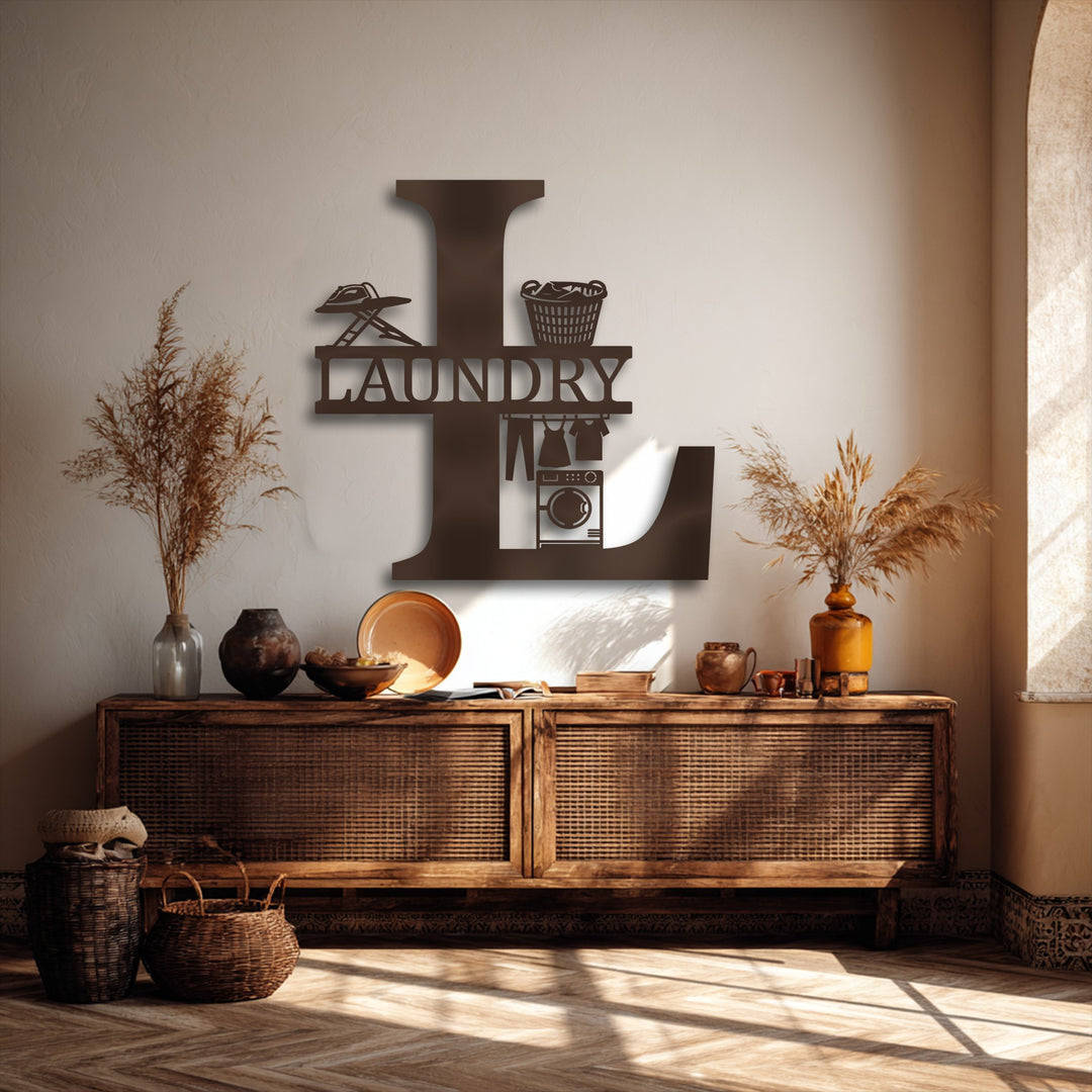 Warm-toned image featuring a personalized laundry room decoration wall art, a large metal initial 'L' with charming laundry motifs.