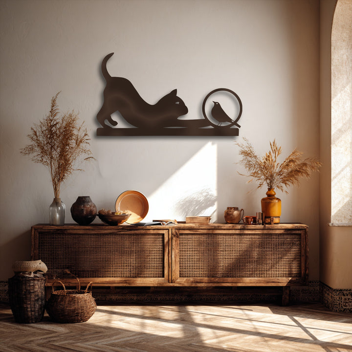 The image showcases a striking transition from the deep espresso of the metal wall decor to the warm, soft beige wall, illuminated by natural light.