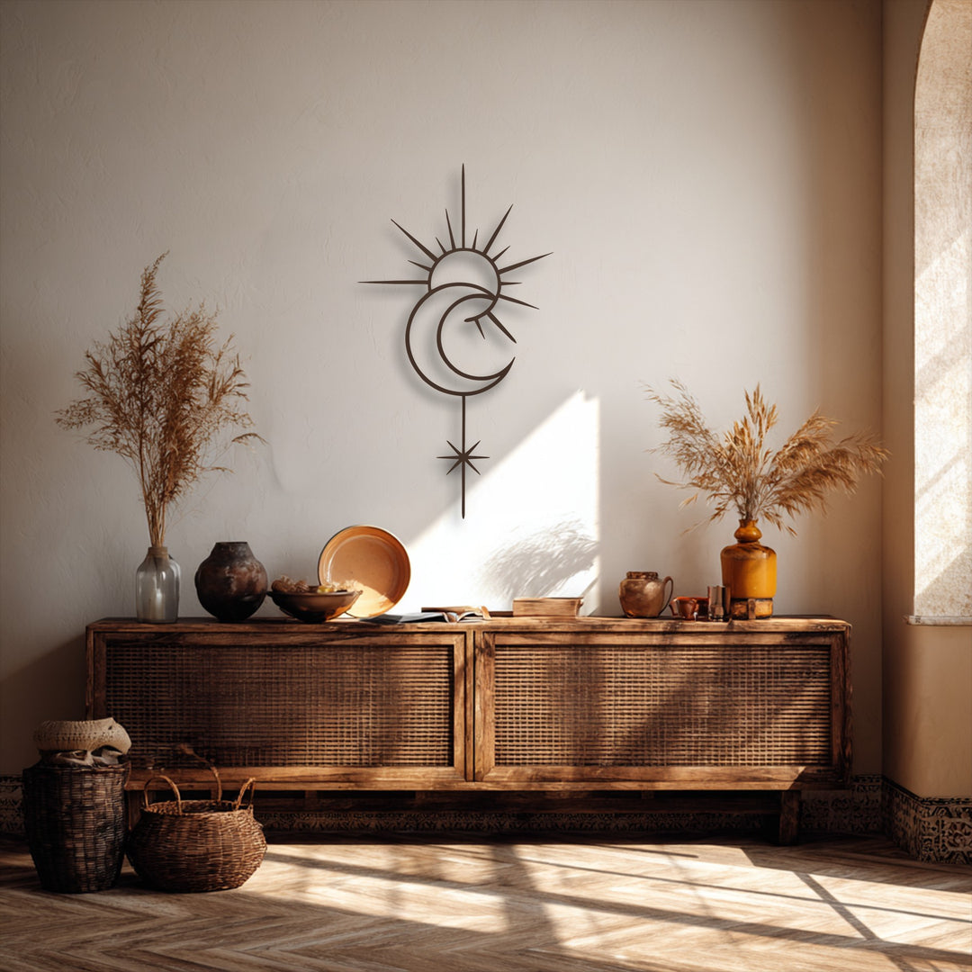 The wall features a striking celestial sun and moon decorative metal art piece, embodying minimal geometric elements with a distinct star accent.