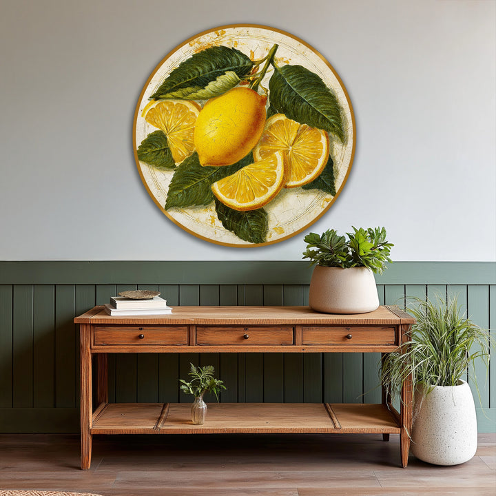 Circular vintage citrus still life oil painting home decor features a geometric arrangement of lemon slices and leaves within a round frame.
