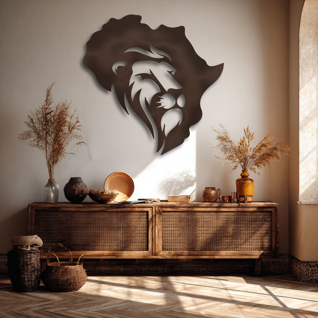 The realistic detail of this unique metal wall art depicts a striking lion's head perfectly formed within the contours of an Africa map.