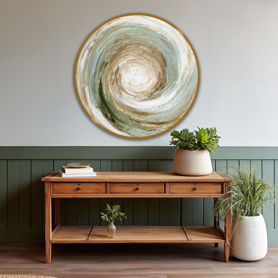 Stillness of the earth-toned spiral in this round abstract oil painting art captures a moment of quietude with its modern oil painting art style.