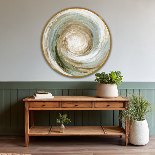 Stillness of the earth-toned spiral in this round abstract oil painting art captures a moment of quietude with its modern oil painting art style.