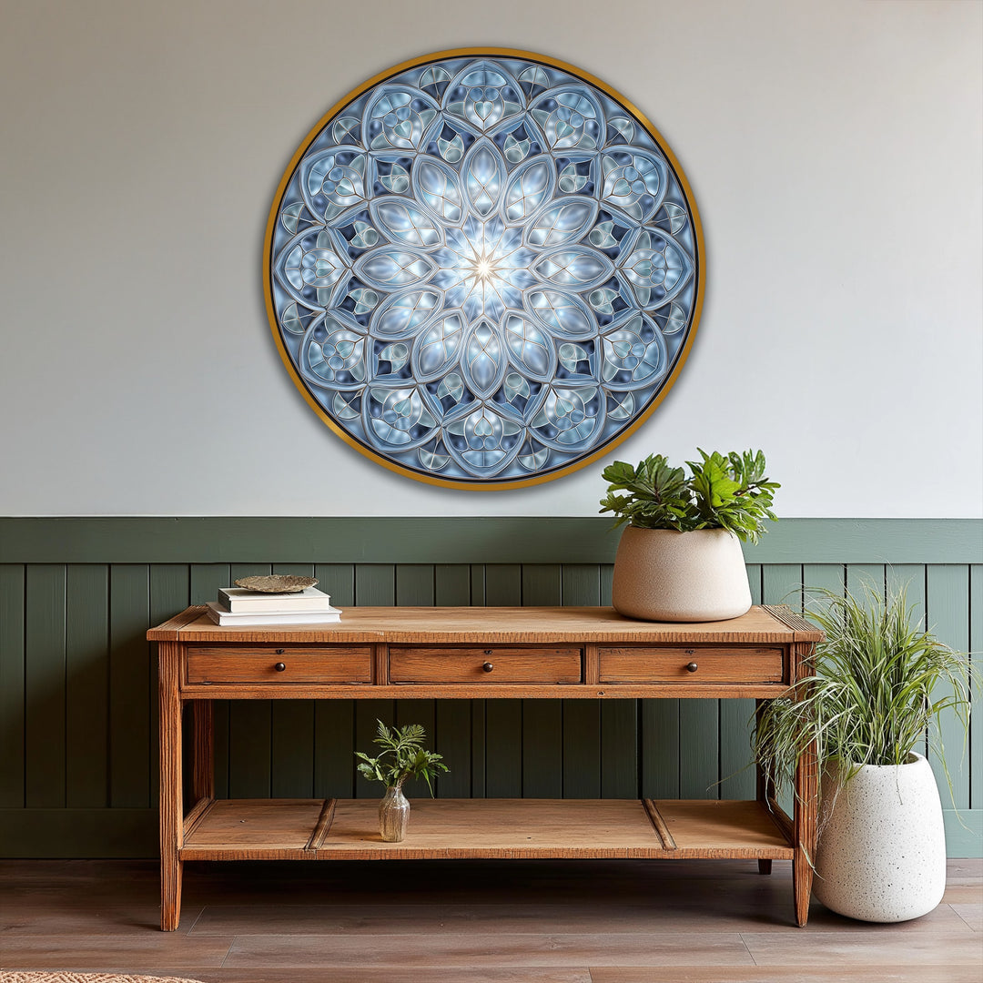 The stillness of the blue mandala round oil painting on wood is enhanced by its geometric harmony, providing a calm focus for oil painting decoration.