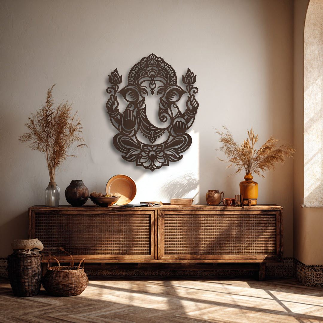 Showcasing significant depth and intricate layers, a spiritual Ganesha lotus decoration wall art piece beautifully adorns a textured wall.