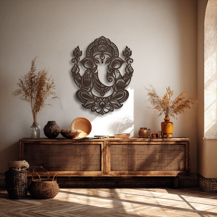 Showcasing significant depth and intricate layers, a spiritual Ganesha lotus decoration wall art piece beautifully adorns a textured wall.