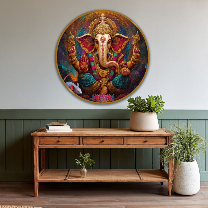 Intense color saturation brings out the divine radiance of this Ganesha round oil painting, a spiritual oil painting decoration with rich gold and jewel tones.