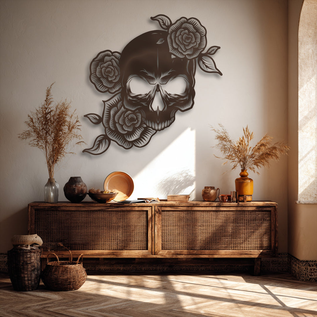 The elegant organic forms of the floral skull metal wall decor showcase intricately designed roses and a captivating skeleton face.