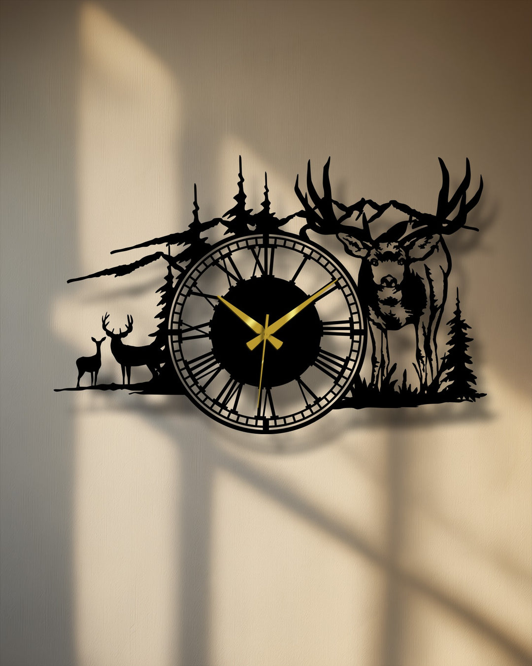 The prominent layering effect of this rustic deer forest metal art for wall is created by the silhouette casting deep shadows, adding depth.