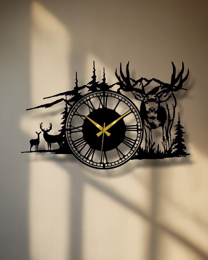 The prominent layering effect of this rustic deer forest metal art for wall is created by the silhouette casting deep shadows, adding depth.