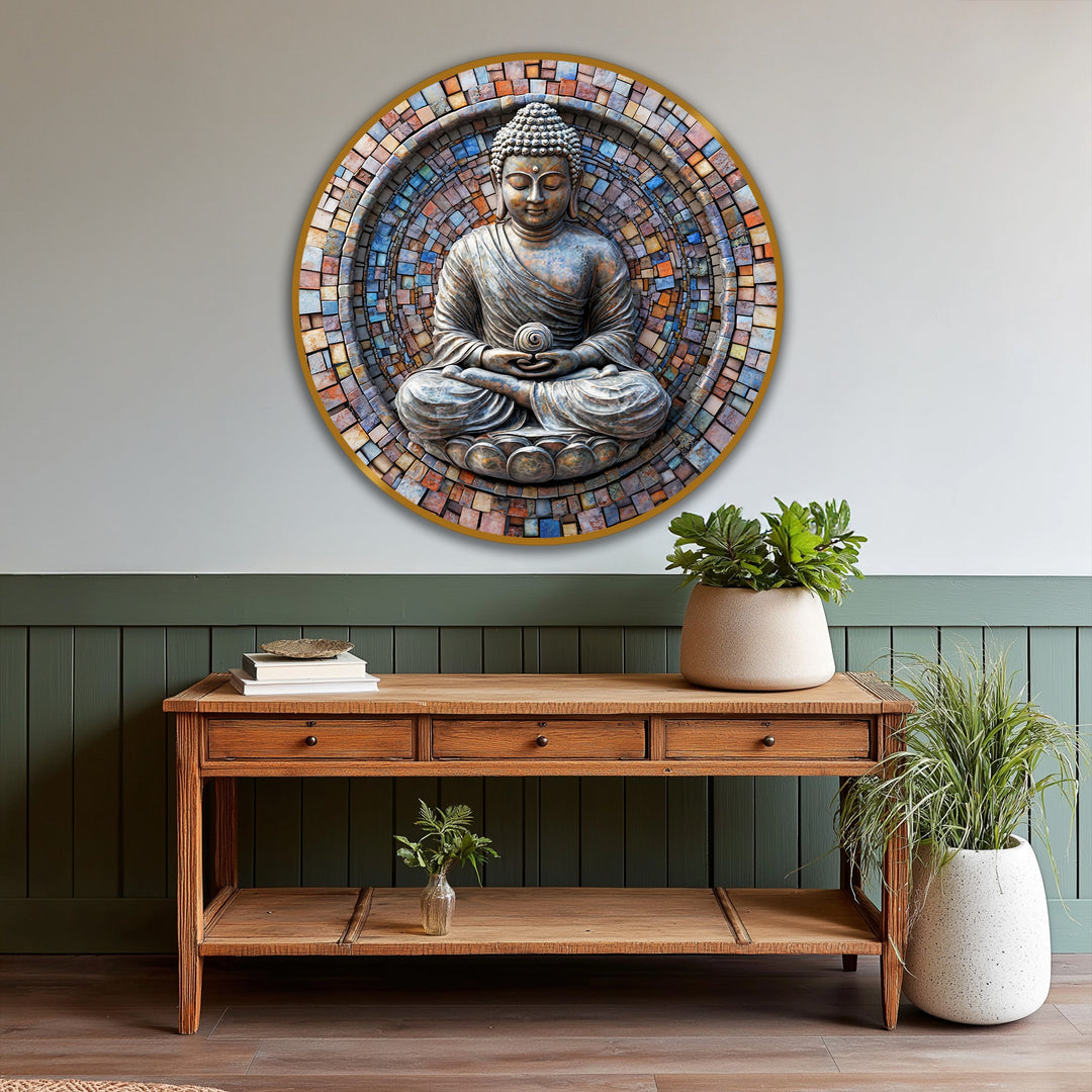 Subtle gradations of light on the Buddha's face provide the softest element in this sacred mosaic serenity round oil painting reproduction print.