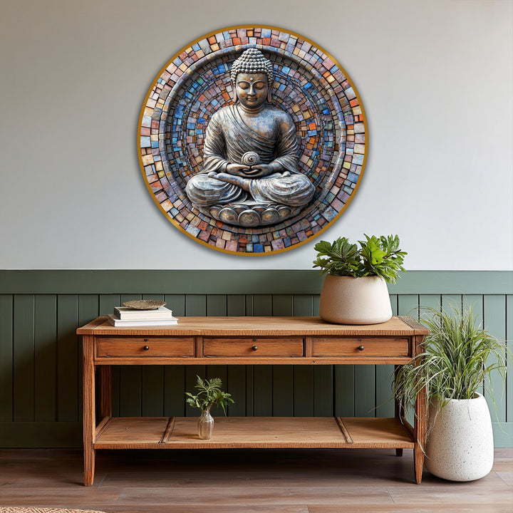 Subtle gradations of light on the Buddha's face provide the softest element in this sacred mosaic serenity round oil painting reproduction print.