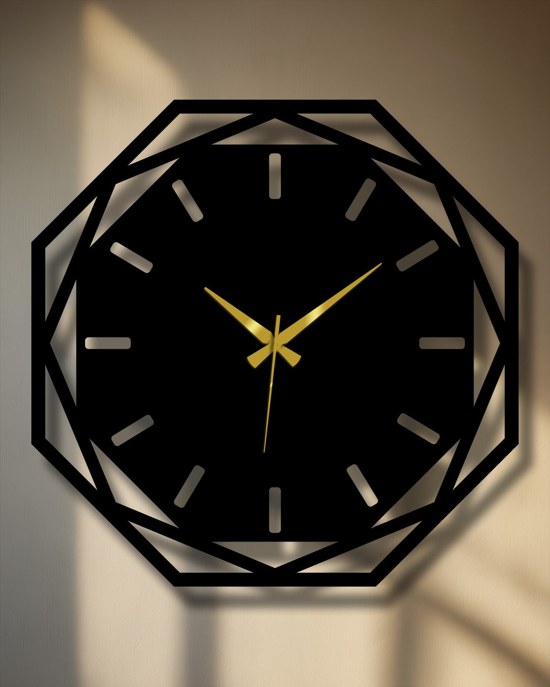Crafted with robust, dark-finished metal artwork, this octagonal wall clock features precise geometric lines, demonstrating the quality of its decorative wall art construction.