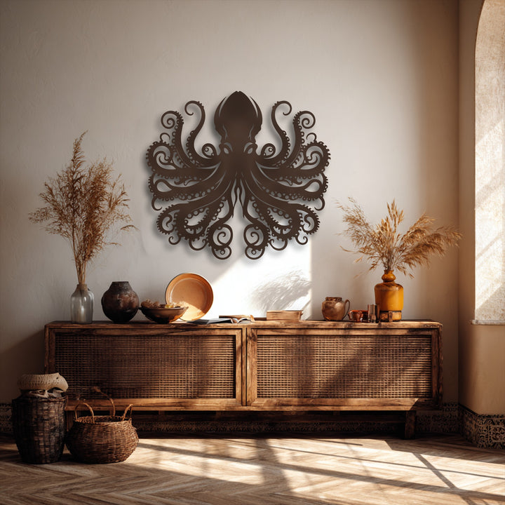 The serene mood is enhanced by the Octopus Tentacle Metal Wall Art, a captivating piece of ocean creature decoration wall art.