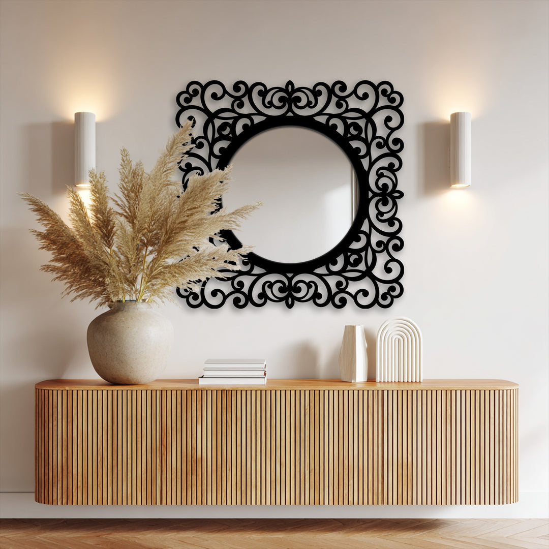 Light and shadow play on the baroque scroll frame of the black metal floor decorative mirror, enhancing its intricate design.