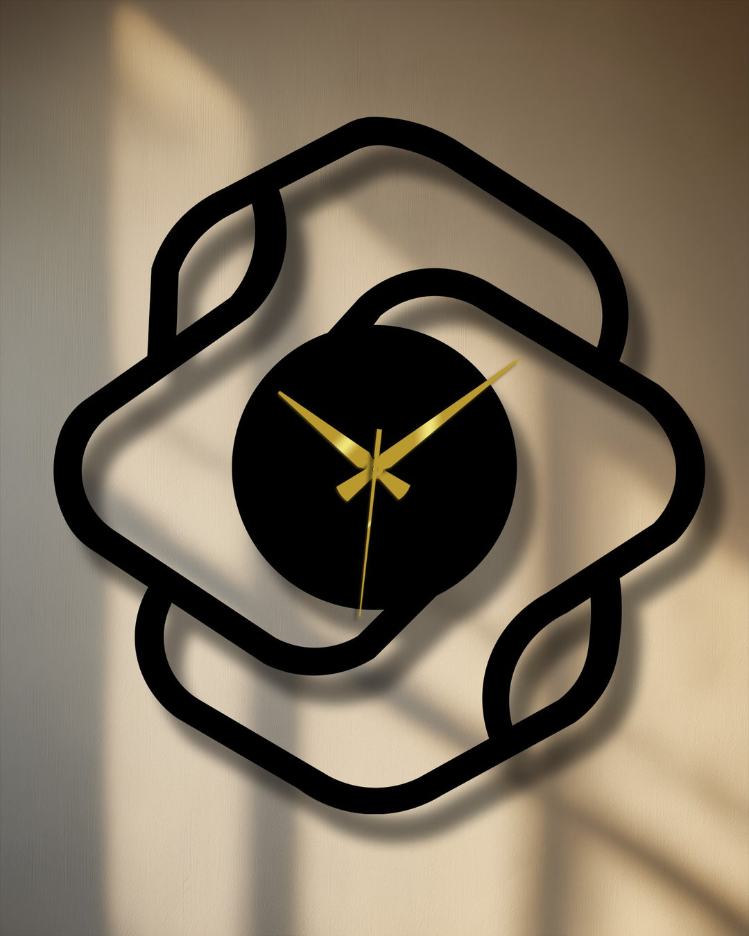 The quiet mood emanates from the modern abstract square frame metal wall clock, showcasing the decorative metal art with its minimalist design and golden hands.