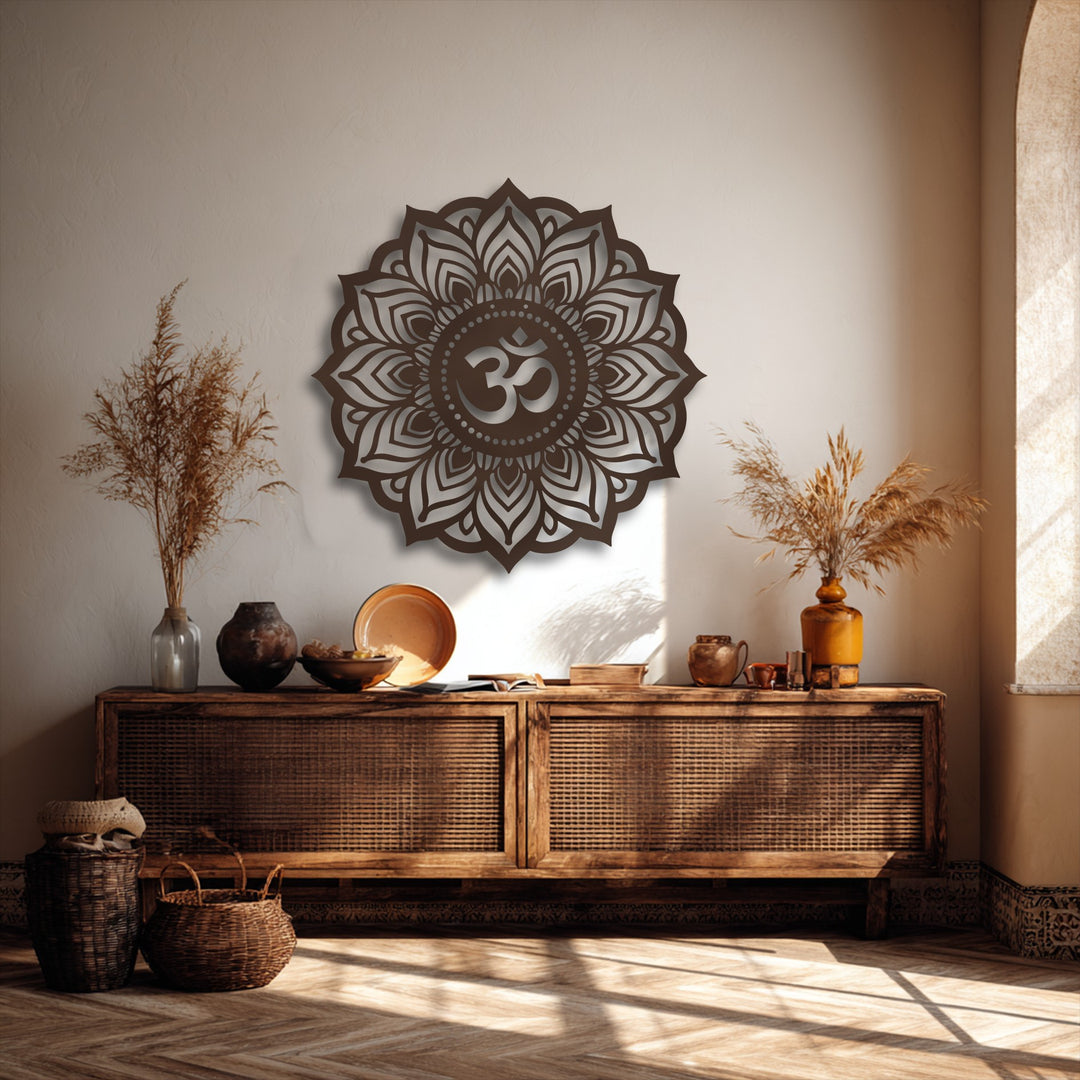 A prominent dark brown Sacred Om Mandala with intricate spiritual lotus patterns functions as eye-catching decoration wall art.