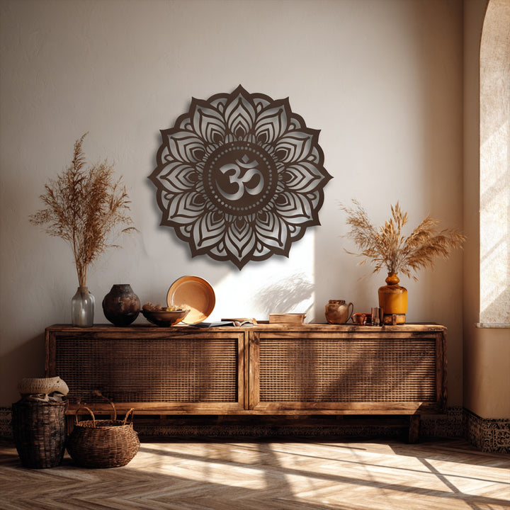 A prominent dark brown Sacred Om Mandala with intricate spiritual lotus patterns functions as eye-catching decoration wall art.