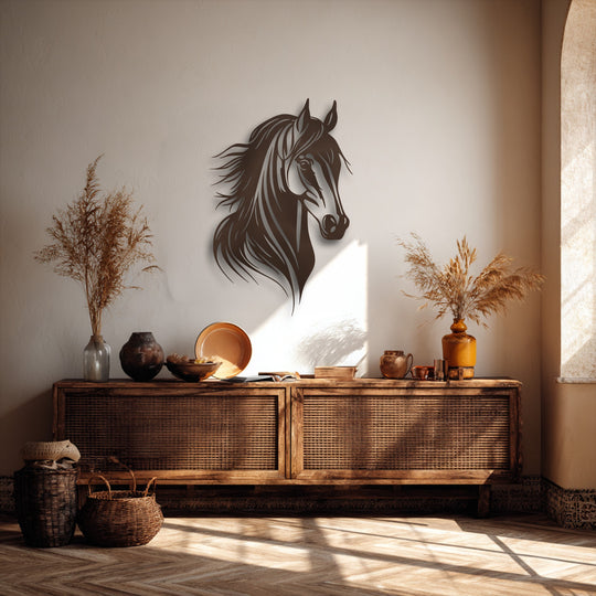 The warm color temperature pervades this inviting scene, highlighting a graceful horse head metal artwork centered above rustic furnishings, bathed in a golden glow.