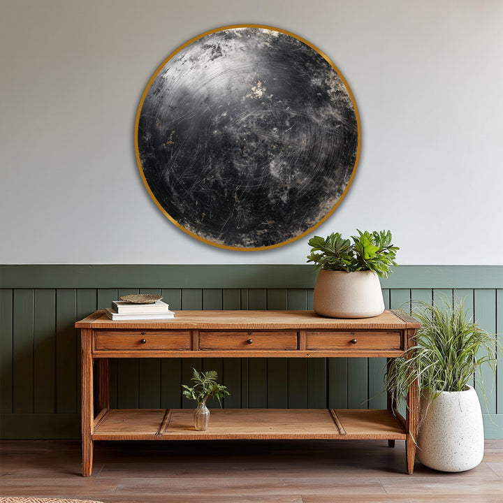The stillness of this midnight orbit reflects in the abstract round wooden frame, an evocative oil painting decoration bringing cosmic calm.
