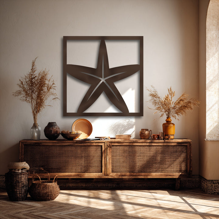 The unique metal wall art showcases realistic detail in its starfish frame, with textures and shadows adding depth to the warm, sunlit interior.