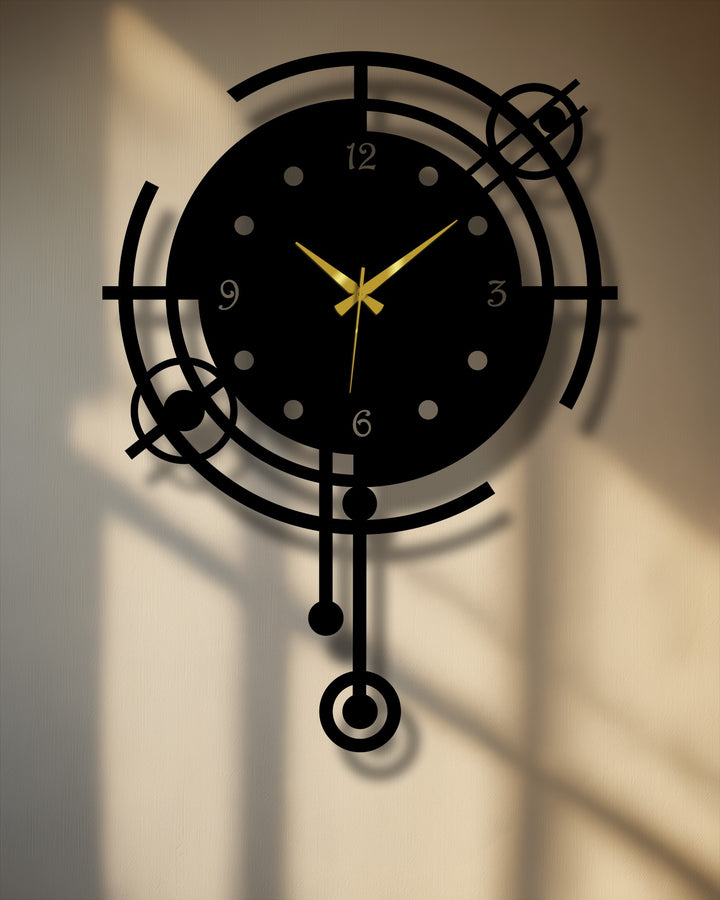 The stillness of this modern orbit geometric metal art for wall clock is emphasized by its shadow.