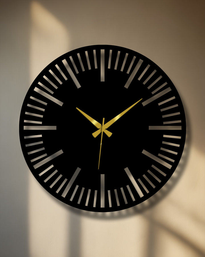 The stillness of the moment captured by a luxury black dial metal wall clock, a modern minimalist statement piece, is akin to unique metal wall art.