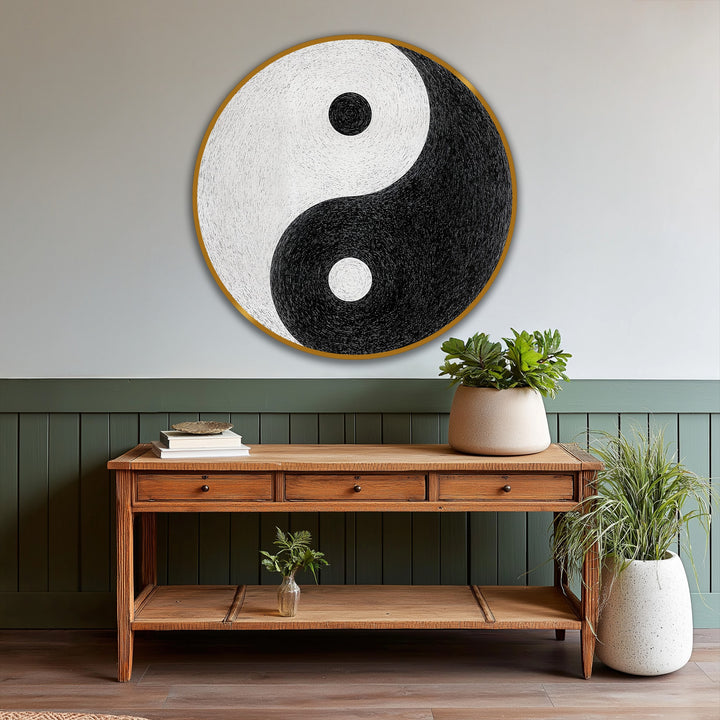 Featuring a gold-toned border, this minimalist round oil painting’s edge frames the striking black and white Yin Yang, enhancing this modern oil painting art.