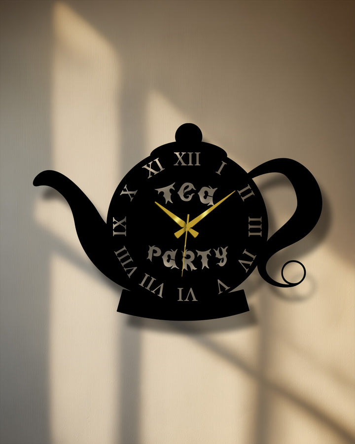 Dramatic color contrast highlights the black teapot shape metal artwork clock against a neutral wall, enhancing its vintage design.