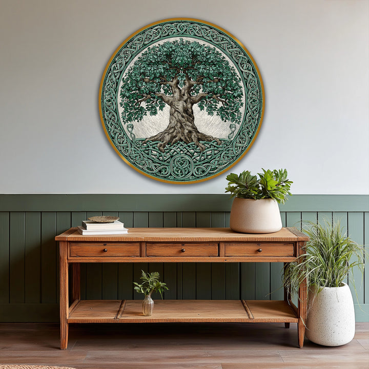 Circular Celtic tree of life is a vertical oil painting home decor piece, showcasing an ornate knotwork border for a symbolic look.