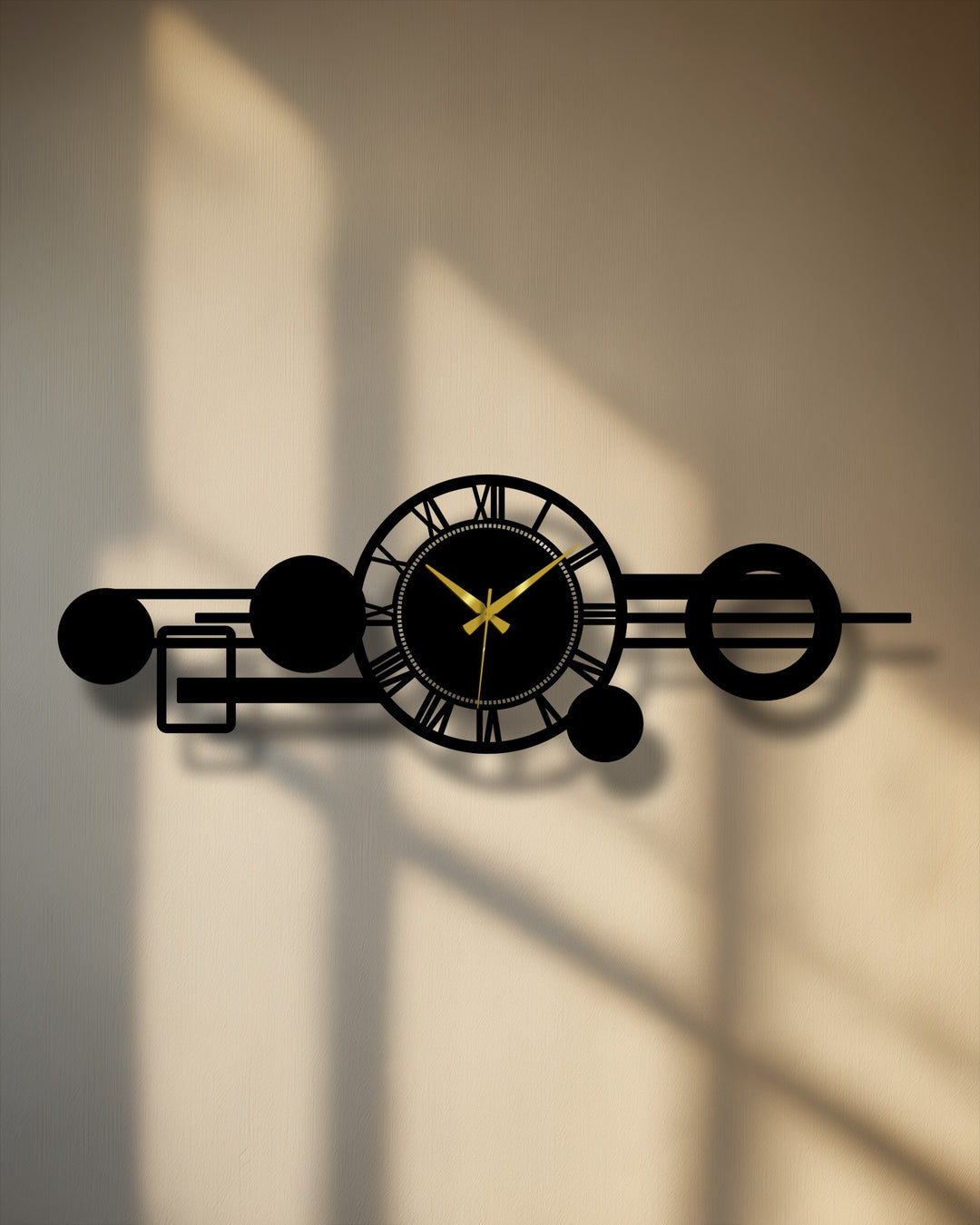 Black finish highlights the modern Roman metal wall clock, a decorative metal art with an abstract geometric orbit design.