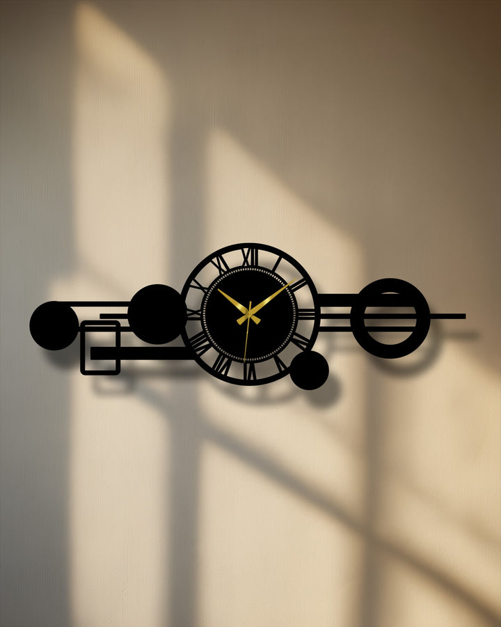 Black finish highlights the modern Roman metal wall clock, a decorative metal art with an abstract geometric orbit design.