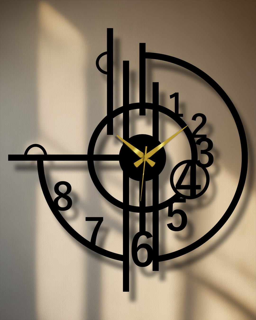 Negative space highlights the geometric design in this decorative metal wall clock, demonstrating creative metal art for wall using abstract numbers and bold lines.