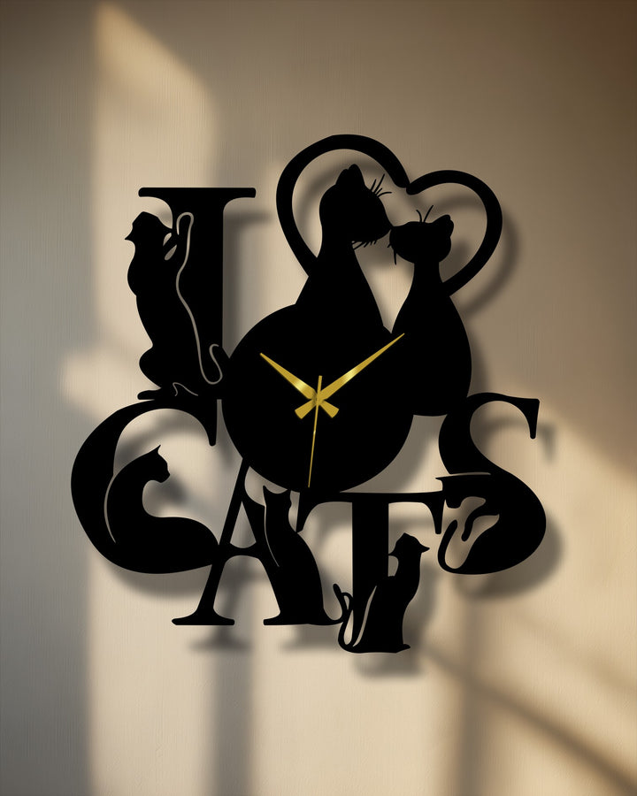 The captivating layering effect on the 'Love Cats' romantic cat silhouette metal wall decor clock is enhanced by dramatic shadows creating visual depth.