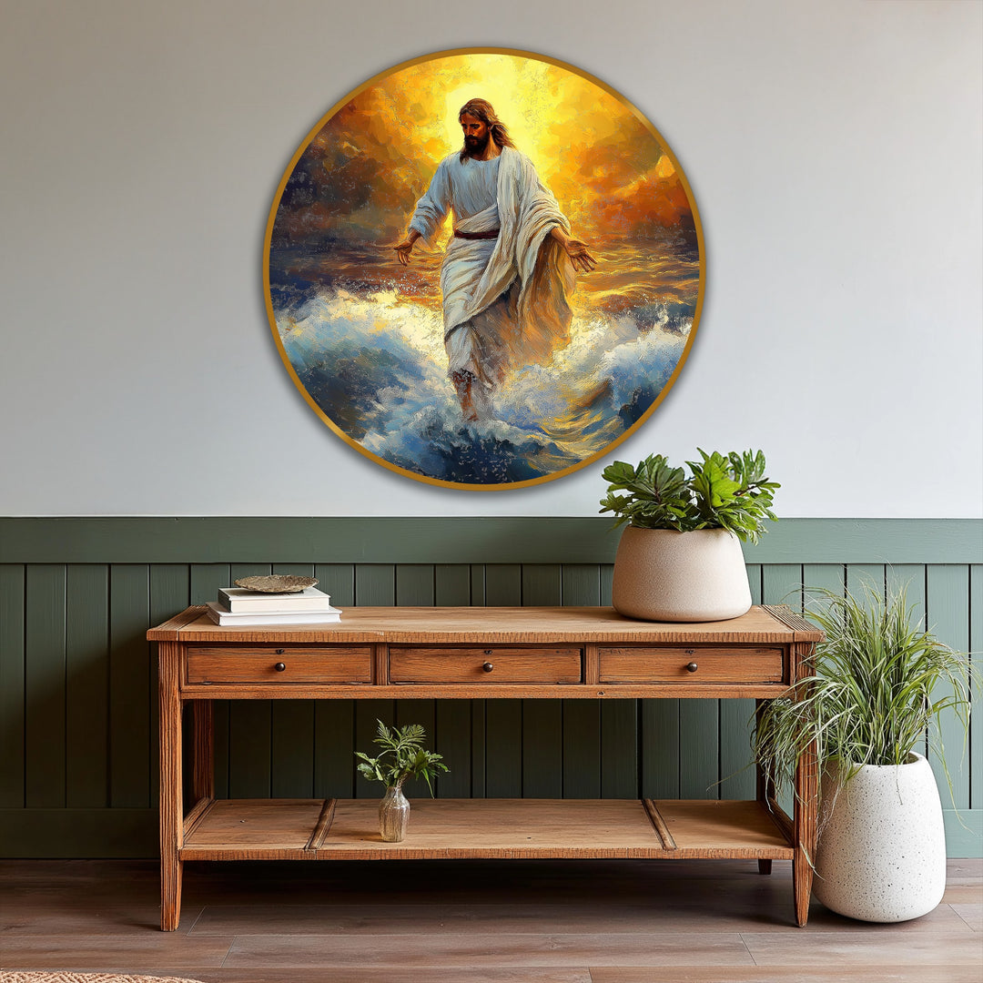 Textured brushstrokes create a rich surface in this divine light over the waves oil painting, a piece of modern oil painting art with visible depth and dimension.