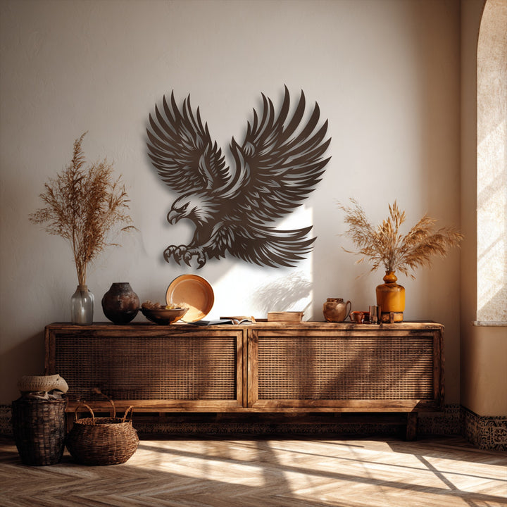 The dark brown, intricate majestic eagle metal artwork creates a strong color contrast against the pale, textured wall.