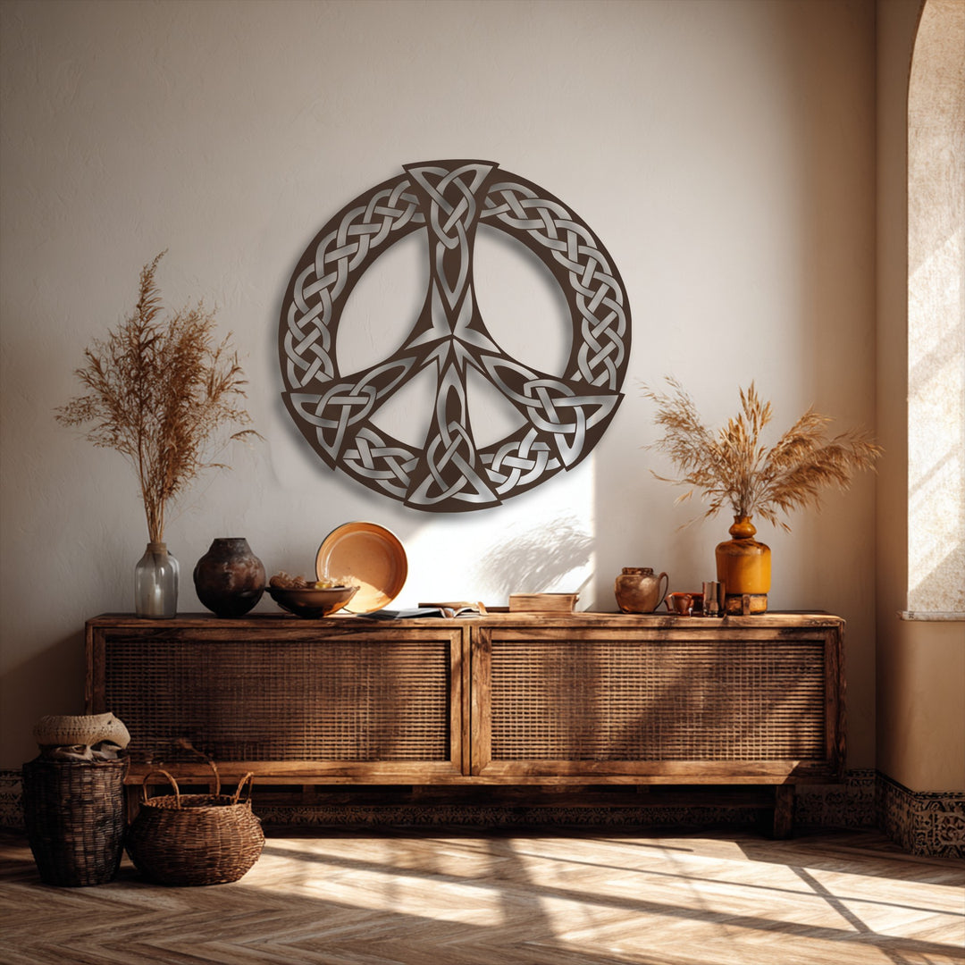 The abstract quality of the intricate Celtic knot peace symbol metal decoration wall art creates a serene and meaningful ambiance.