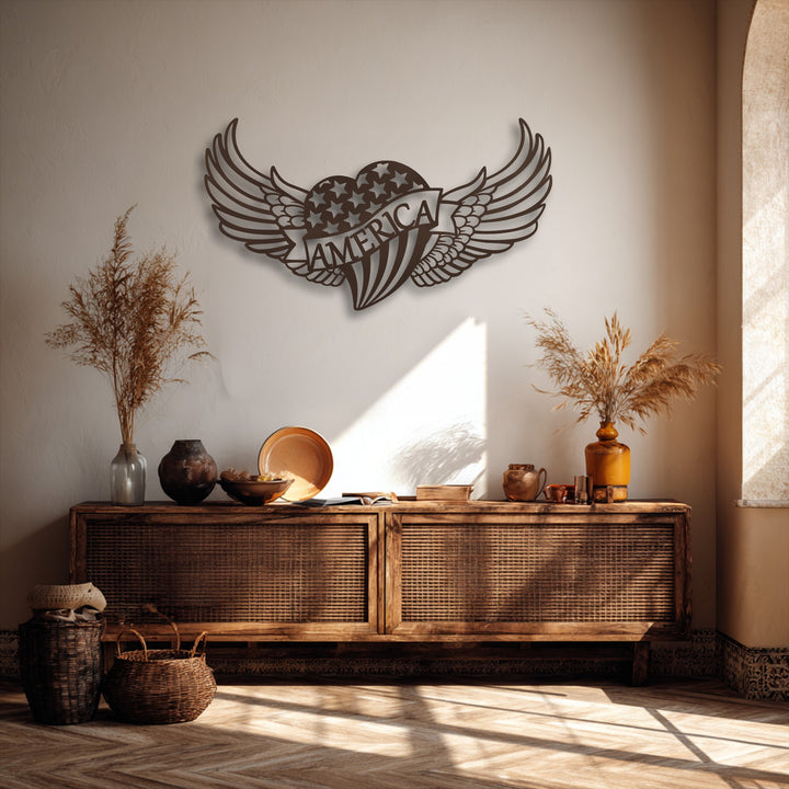 The background showcases a warm off-white, subtly textured wall, beautifully illuminated by natural light, complementing the decorative metal art.