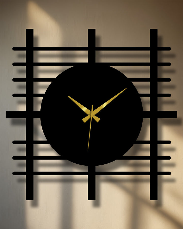 Black dominates this modern grid panel metal wall clock, a stylish home decoration.