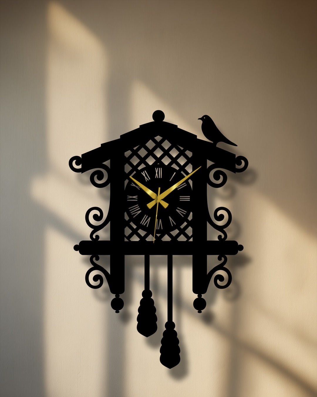 Light and shadow accentuate the silhouette of the classic cuckoo decorative metal art wall clock featuring a vintage bird design.