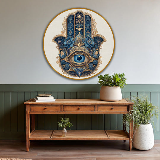 Layering the intricate detailing and rich blues of the Royal Hamsa Vision makes a captivating oil painting decoration for any space.