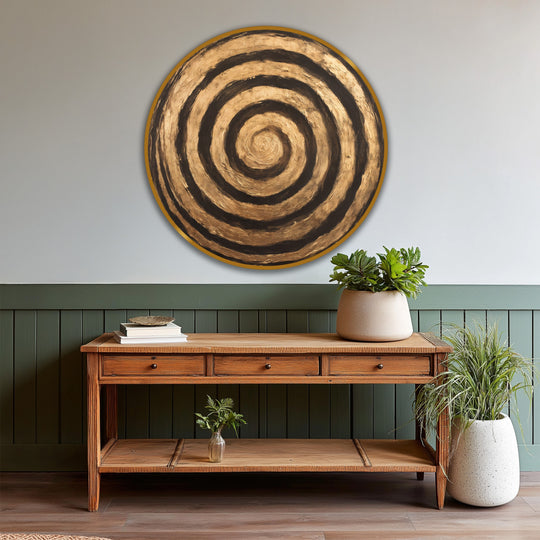 Swirling concentric rings of the golden ripple oil painting wall art create a dynamic sense of movement, drawing the eye into a captivating visual experience.