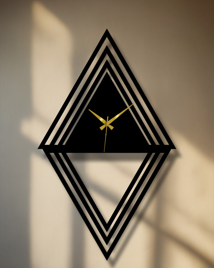 Highlighting the transition between colors, this modern geometric metal wall clock offers a unique metal wall art experience with its diamond and layered triangular design.