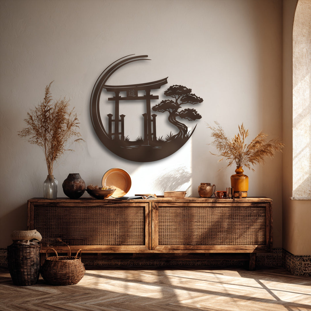 A captivating circular metal wall art featuring a Japanese torii gate and a serene bonsai tree, perfect as a tranquil decoration wall art.