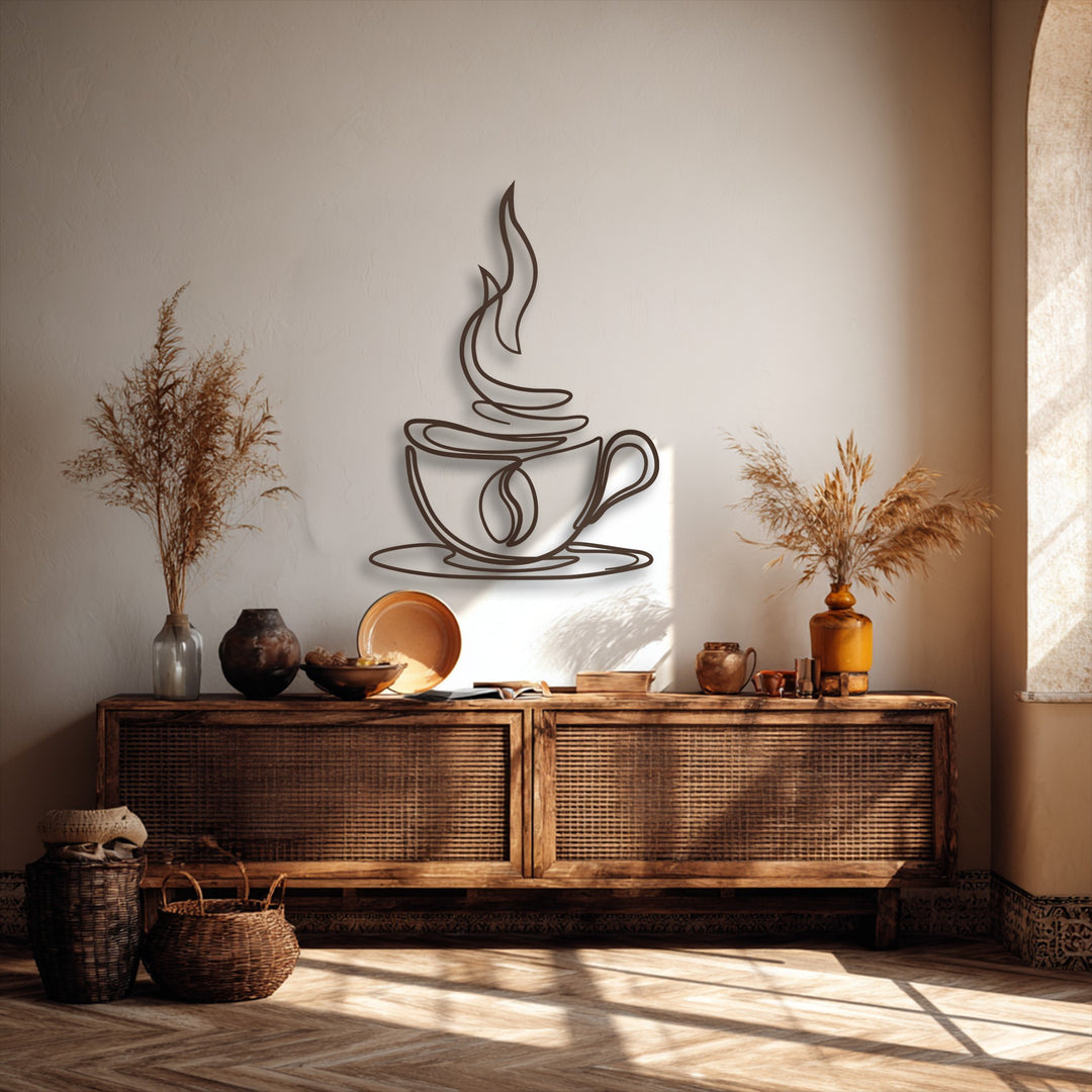 The visual rhythm of flowing lines in the coffee cup metal art for wall complements the textured wall and natural decor on the rustic console.