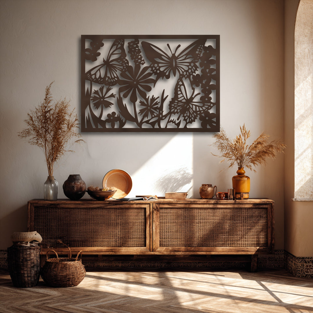 The warm color transition from light beige to dark brown, seen in the unique metal wall art and natural decor, creates a serene ambiance.
