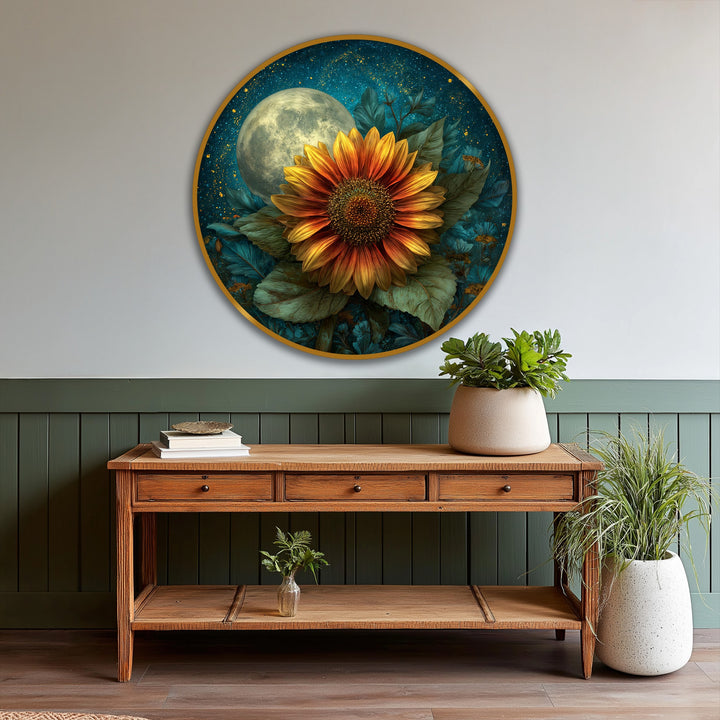 Depicting a dark teal starlit sky with a full moon behind a sunflower, the modern oil painting art gives a dreamlike, floral ambiance.