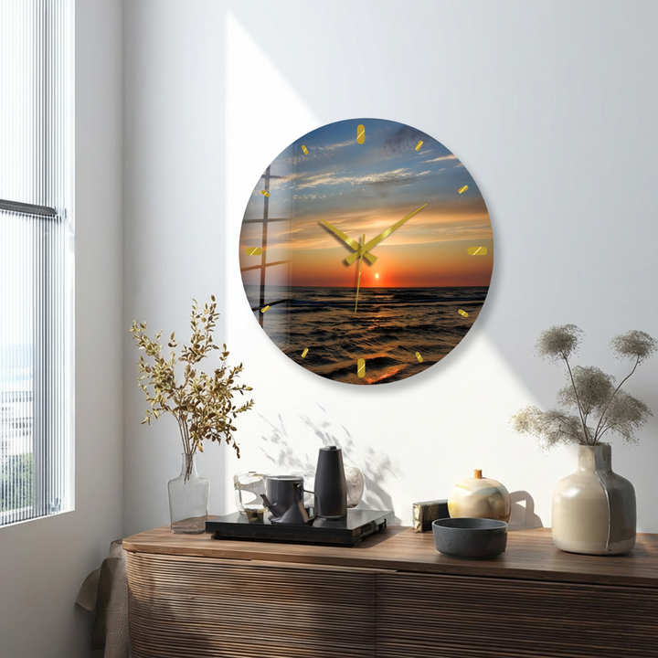 Ocean Sunset Glass Wall Clock – Coastal Beach Decor
