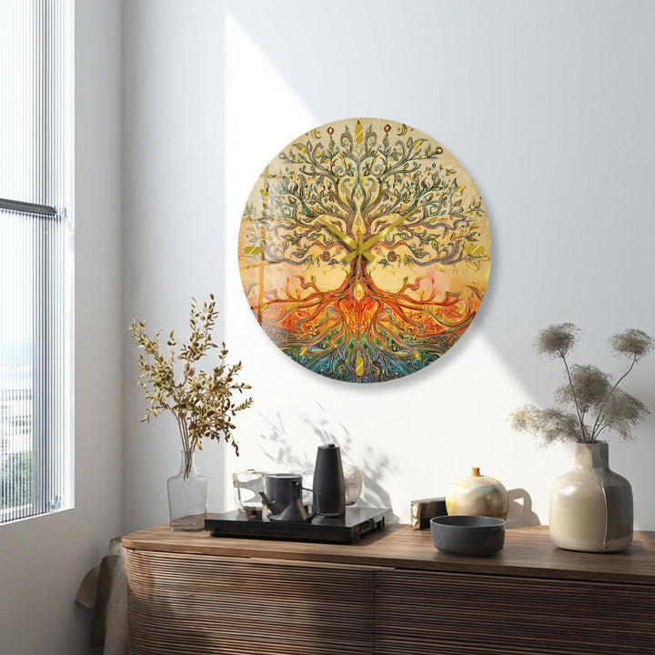 Golden Tree of Life Glass Wall Clock – Boho Botanical Decor